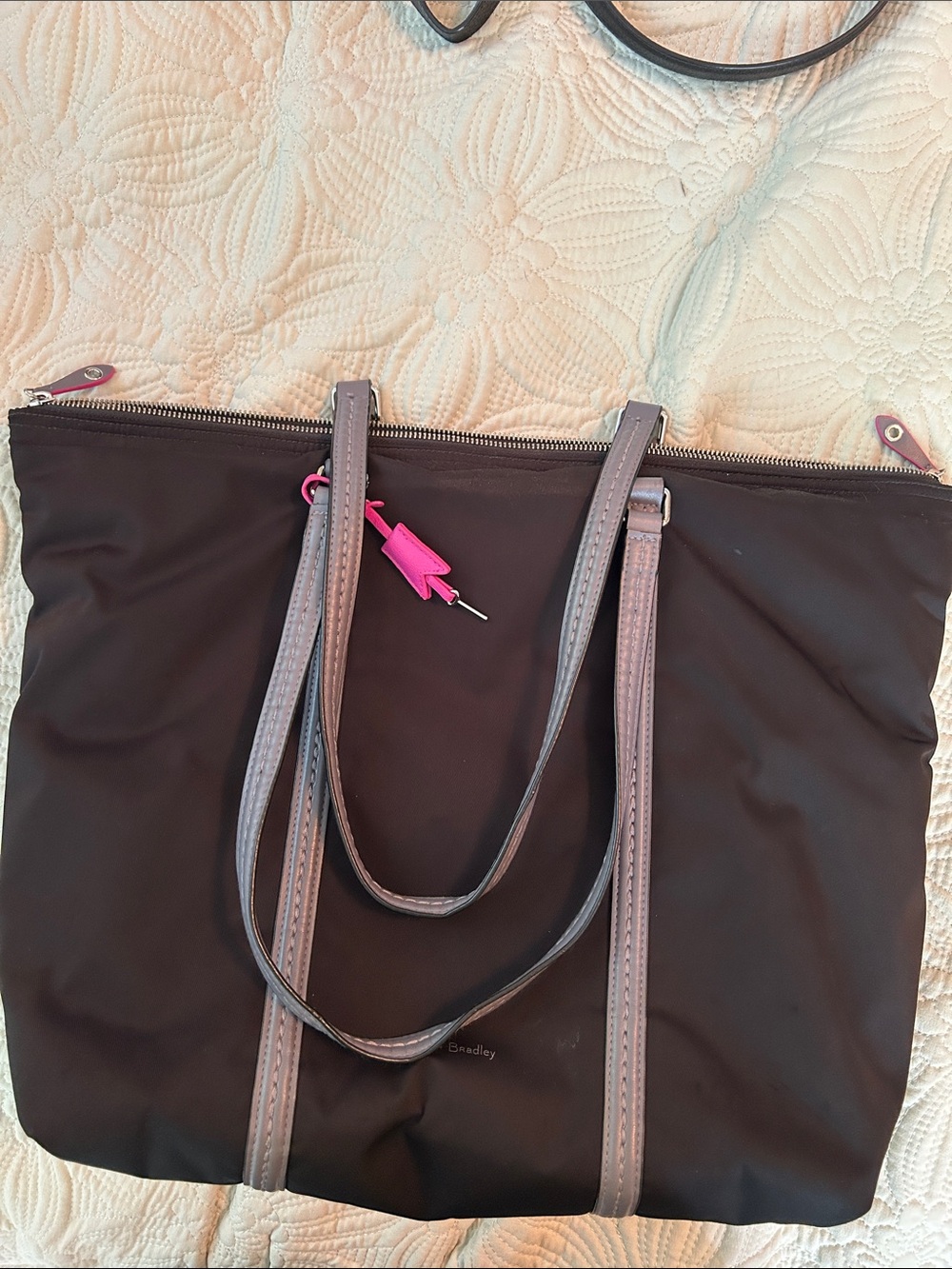 Vera Bradley Black Tote with Gray Straps and Pink Zipper Pull